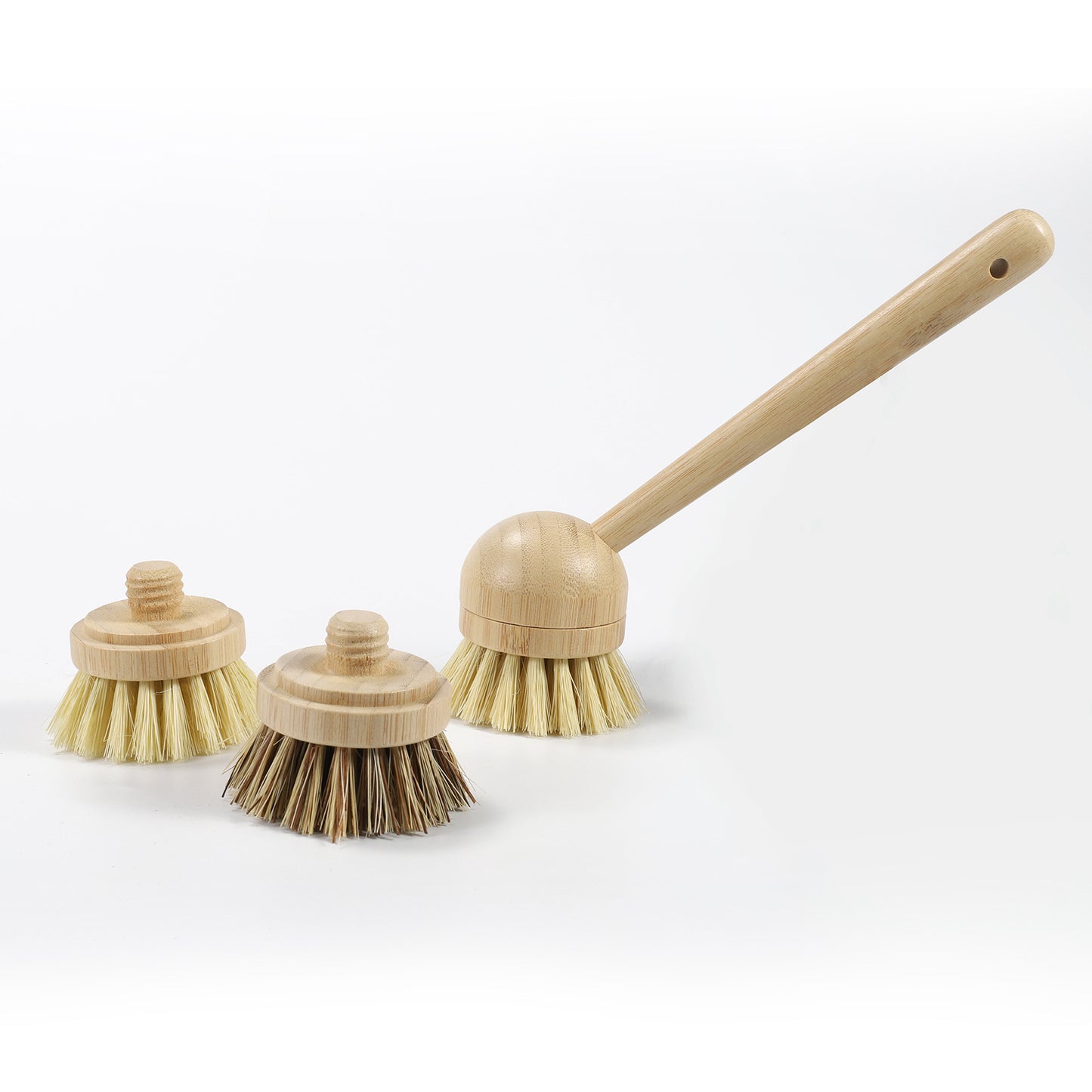 Eco-Friendly Kitchen Cleaning Set – Bamboo Long Handle Brush with 3 Replaceable Heads & 5 Non-Scratch Sisal Scrub Pads