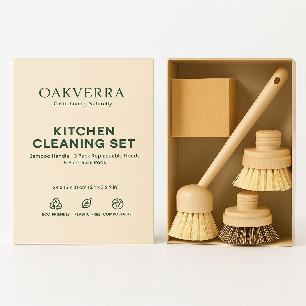 Eco-Friendly Kitchen Cleaning Set – Bamboo Long Handle Brush with 3 Replaceable Heads & 5 Non-Scratch Sisal Scrub Pads