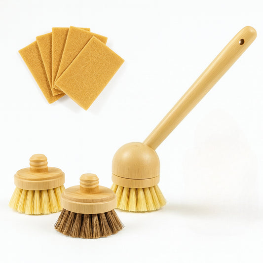 Eco-Friendly Kitchen Cleaning Set – Bamboo Long Handle Brush with 3 Replaceable Heads & 5 Non-Scratch Sisal Scrub Pads