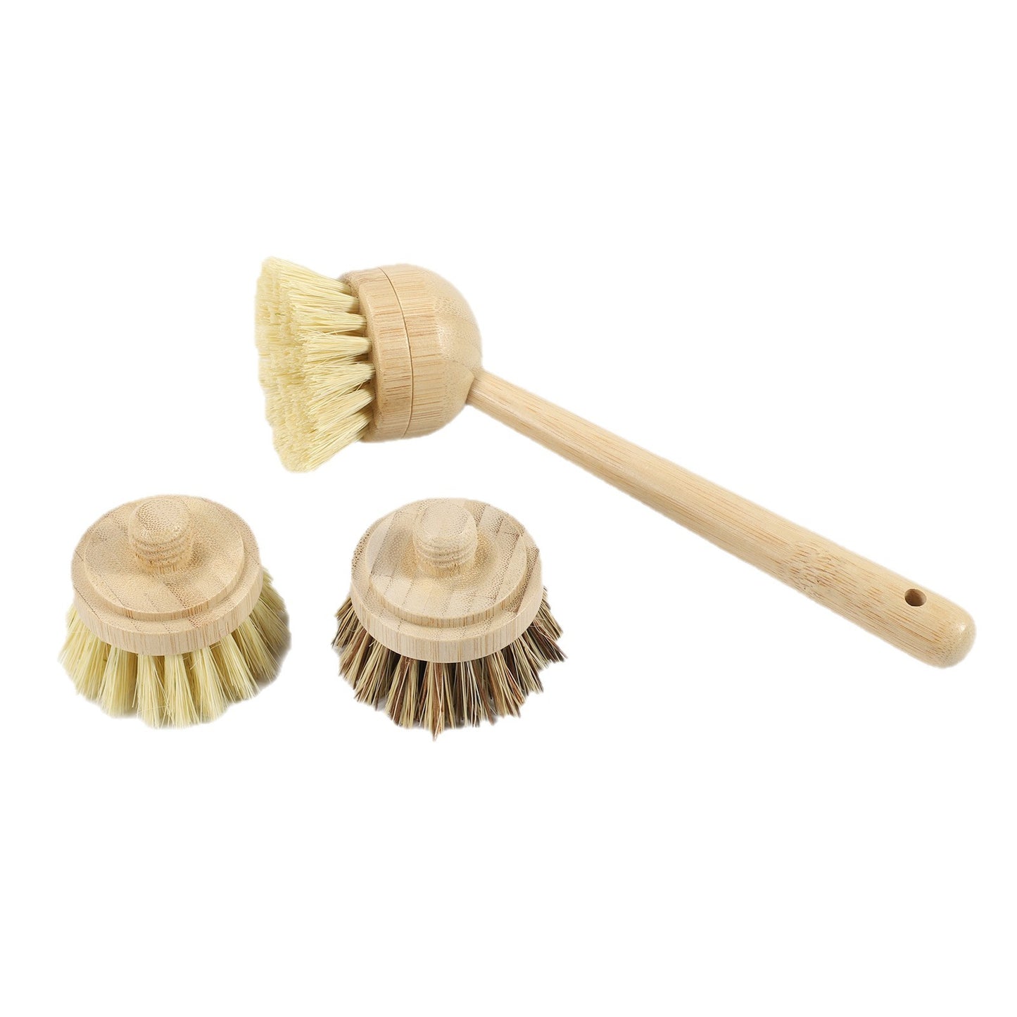 Eco-Friendly Kitchen Cleaning Set – Bamboo Long Handle Brush with 3 Replaceable Heads & 5 Non-Scratch Sisal Scrub Pads