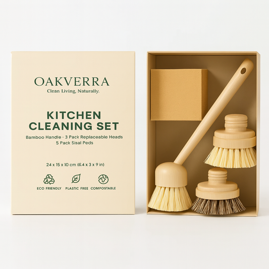Eco-Friendly Kitchen Cleaning Set – Bamboo Long Handle Brush with 3 Replaceable Heads & 5 Non-Scratch Sisal Scrub Pads